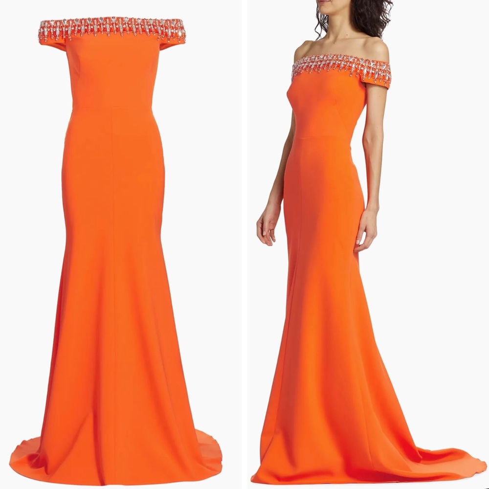 Jenny Packham Zina Crepe Off The Shoulder Gown Tangerine Dress
